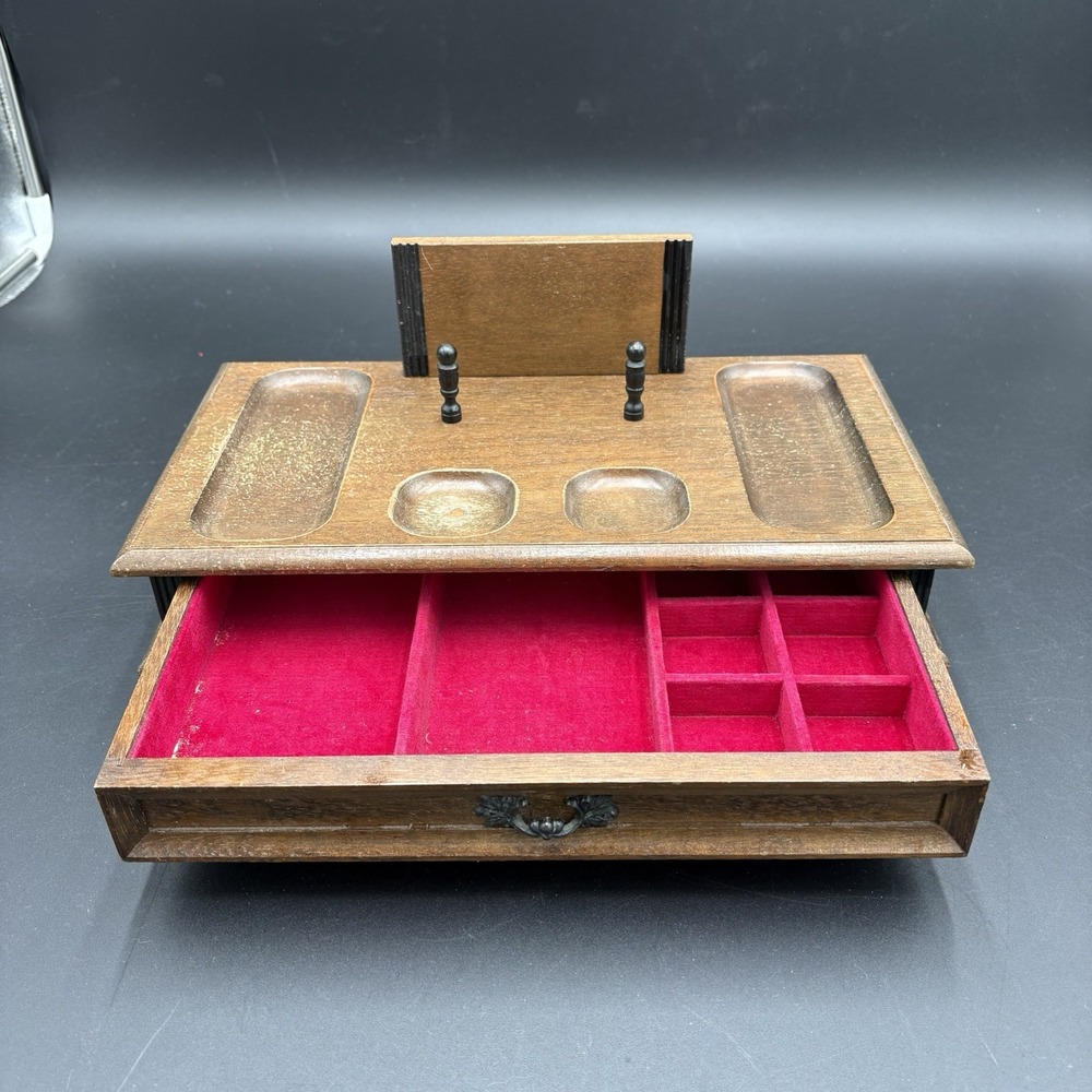Vintage Mens Wooden Dresser Valet Jewelry Desk Caddy Organizer Box